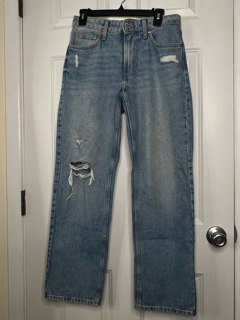 H&M Light Blue Distressed Straight-Leg Jeans
